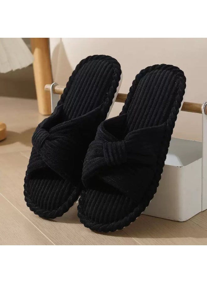 Women Slippers With Memory Foam Open Toe Corduroy Slides For Bedroom and Spa Warm Indoor Slippers - Image 1